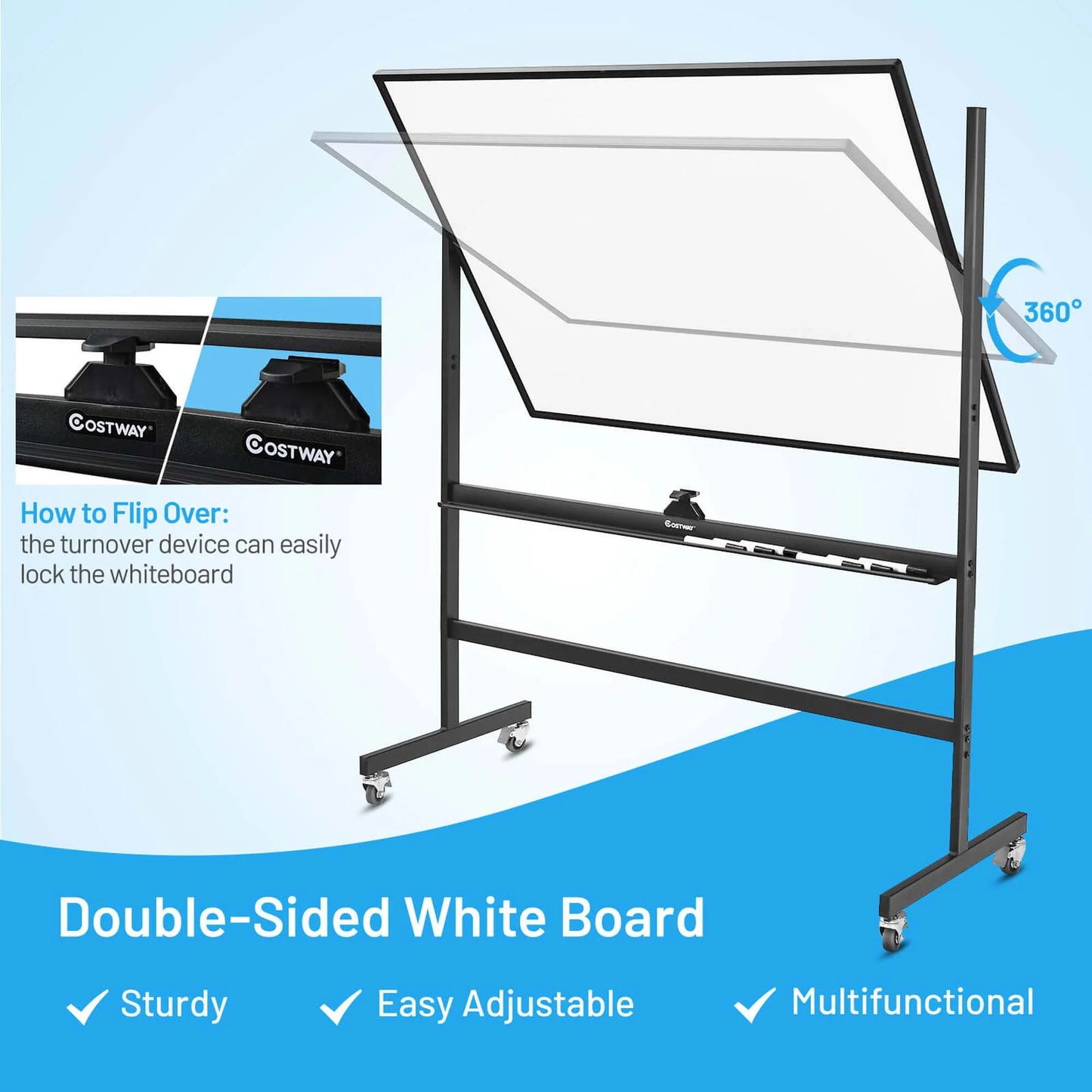 48''X36'' Mobile Magnetic Double-Sided Reversible Whiteboard Height Adjust