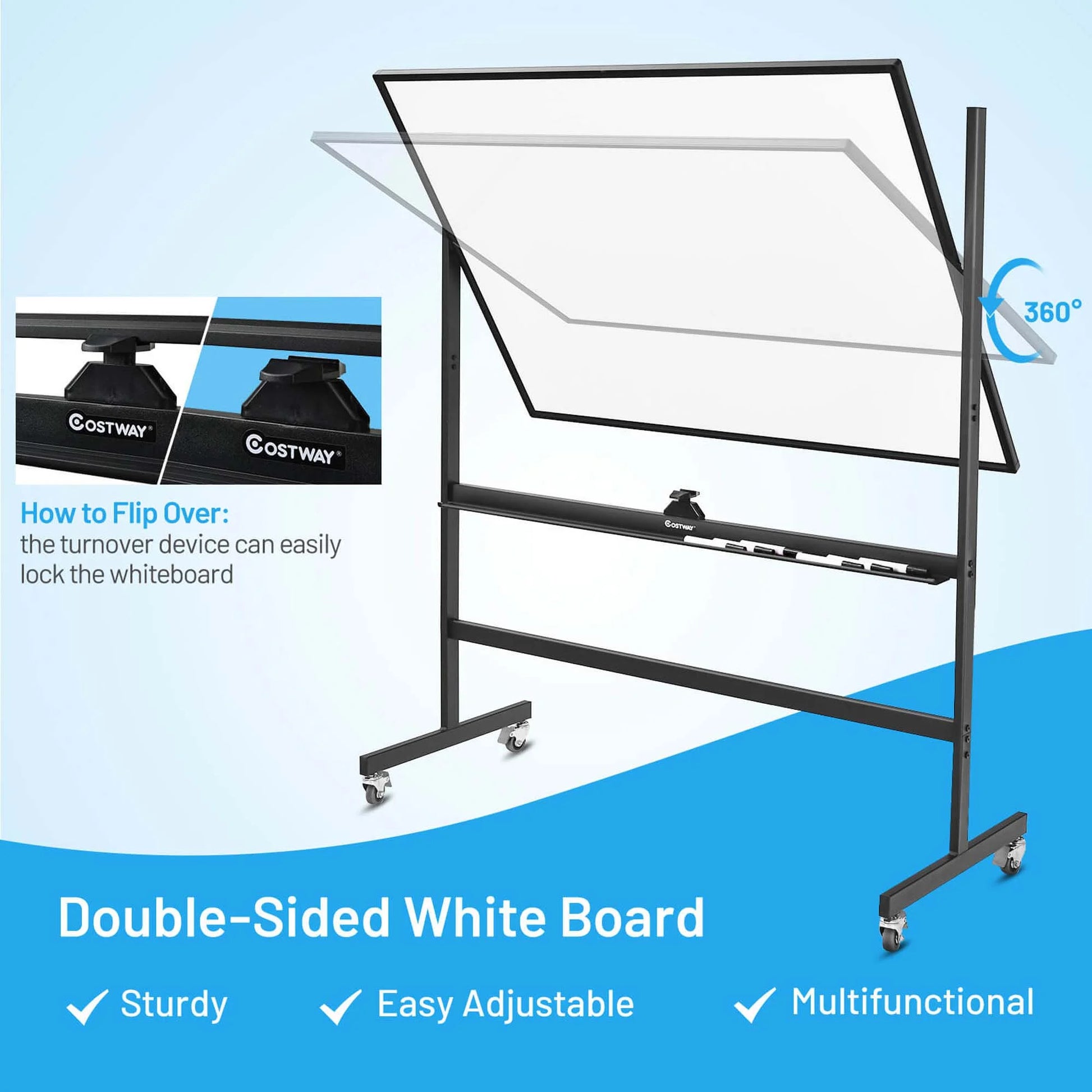 48''X36'' Mobile Magnetic Double-Sided Reversible Whiteboard Height Adjust