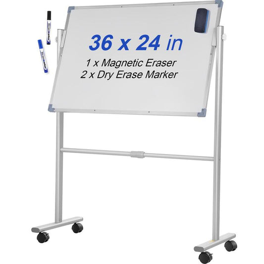 VEVOR Mobile Magnetic Whiteboard, 36 X 24 Inch, Double Sided, 360 Degree Reversible Rolling Dry Erase Board, Height Adjustable with Aluminum Frame and Lockable Swivel Wheels, for Office School Home