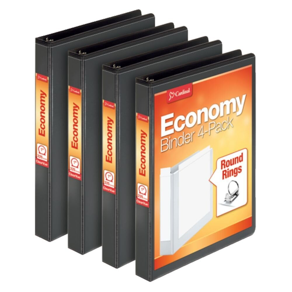 Cardinal 3 Ring Binder, 1 Inch, round Ring, Black, 4 Pack, Holds 225 Sheets