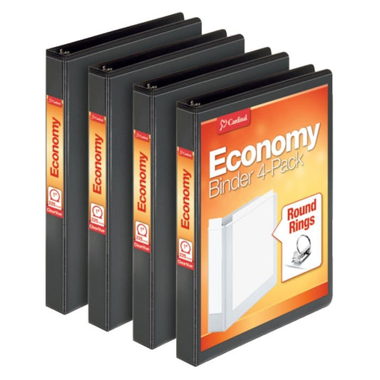 Cardinal 3 Ring Binder, 1 Inch, round Ring, Black, 4 Pack, Holds 225 Sheets