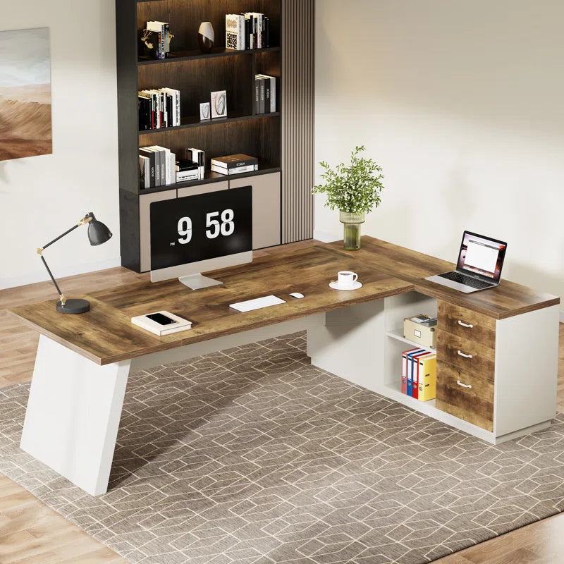 L-Shaped Executive Office Desk with Drawers and File Cabinet