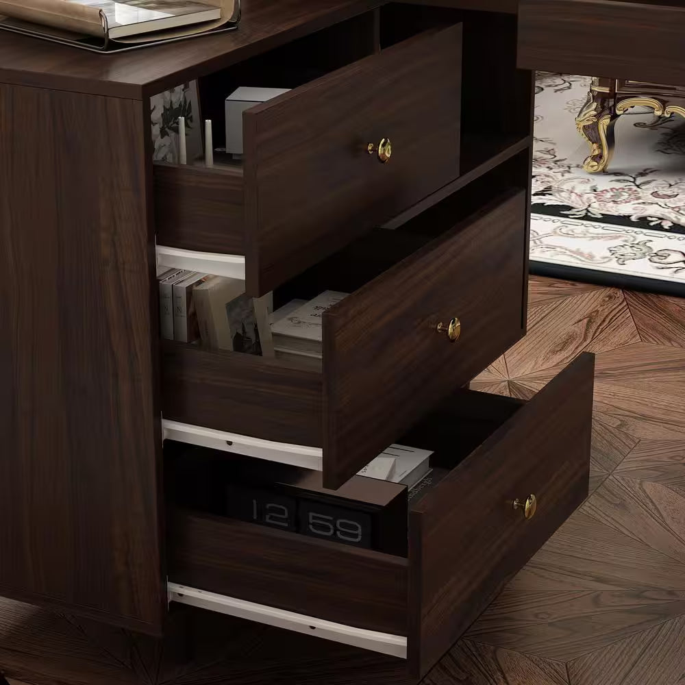 55.1 In. Width L-Shaped Brown Wooden 3-Drawer Computer Desk, Writing Desk with Shelves Storage