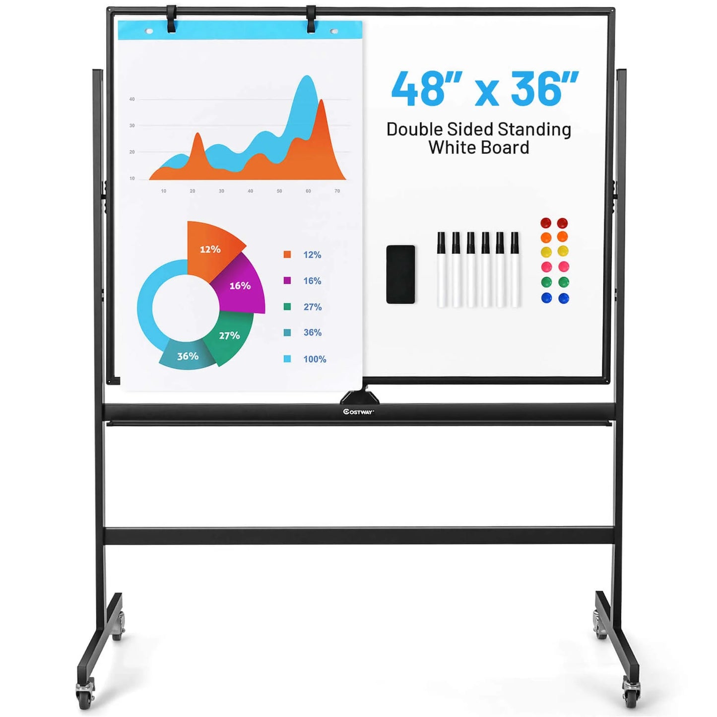 48''X36'' Mobile Magnetic Double-Sided Reversible Whiteboard Height Adjust