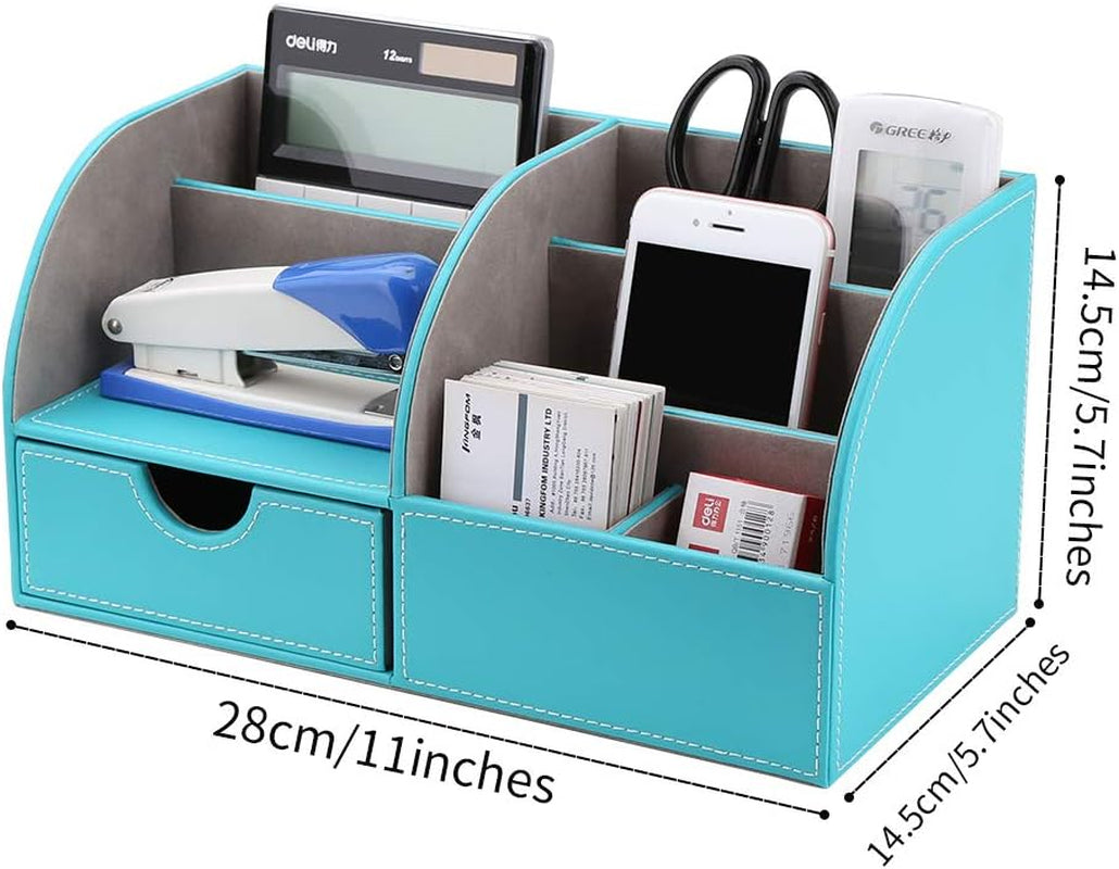 Chic Mint Blue PU Leather Desk Organizer: 6 Compartments & Drawer for a Tidy Workspace! 🖊️✨