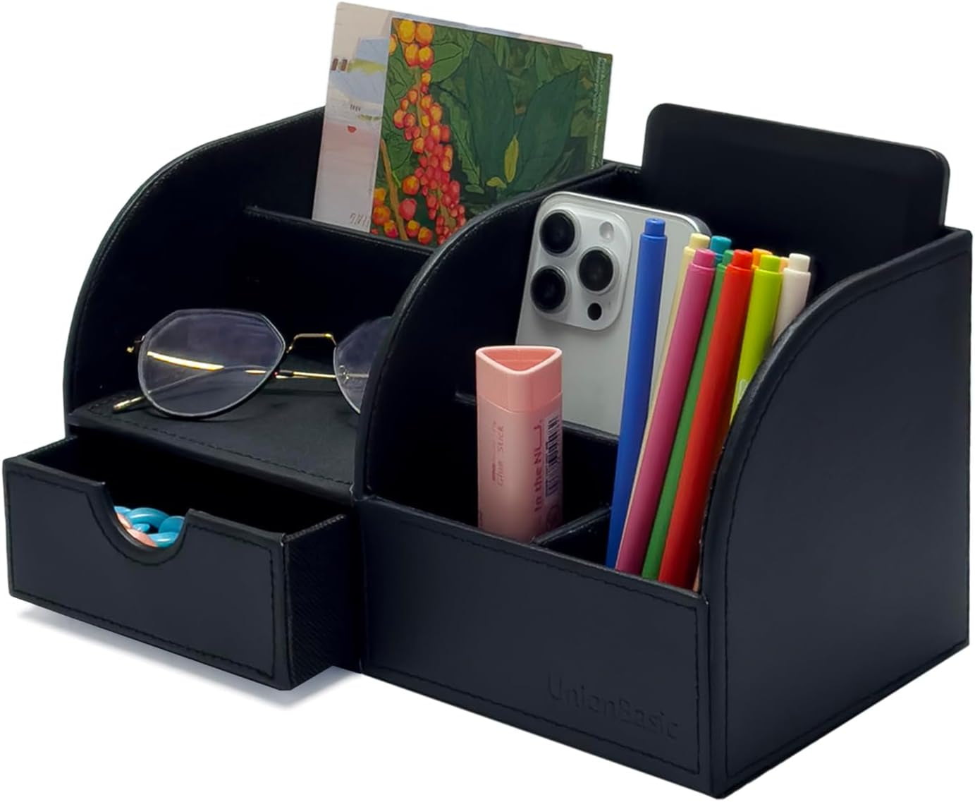 Elevate Your Workspace with the Sleek Black Leather Desk Organizer – The Ultimate Solution for Pens, Business Cards, and More! 🖊️📇📱