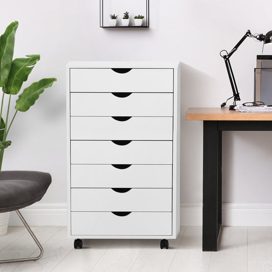7-Drawer File Cabinet, Lateral Filing under Desk Storage Organizer with Wheels for Home Office, White
