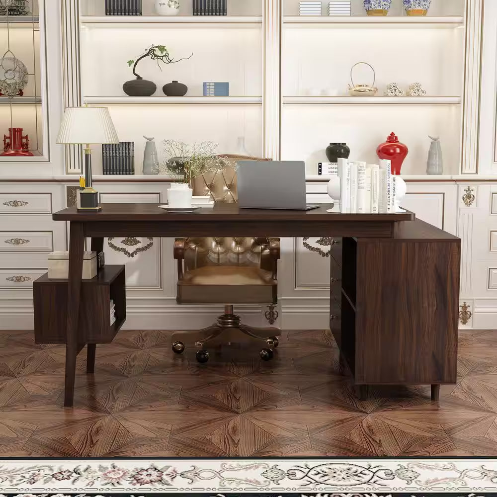 55.1 In. Width L-Shaped Brown Wooden 3-Drawer Computer Desk, Writing Desk with Shelves Storage