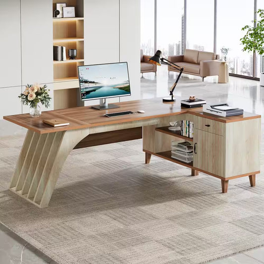 Halseey 79 In. L-Shaped Walnut and Oak Wood 1-Drawer Executive Office Desk, Large Computer Desk with File Cabinet