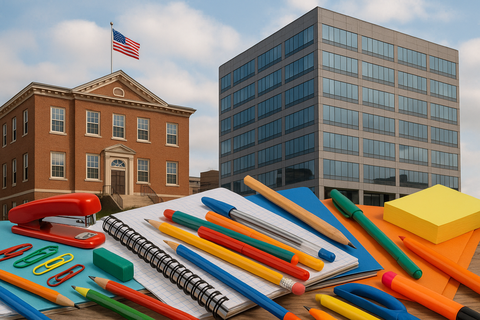 Office and school supplies in the front of the picture kind of randomly scattered in the background I want a school small picture of a school on the left and a picture of office building on the right kind of overlapping in the background