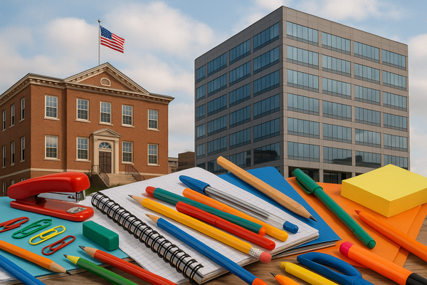 Office and school supplies in the front of the picture kind of randomly scattered in the background I want a school small picture of a school on the left and a picture of office building on the right kind of overlapping in the background